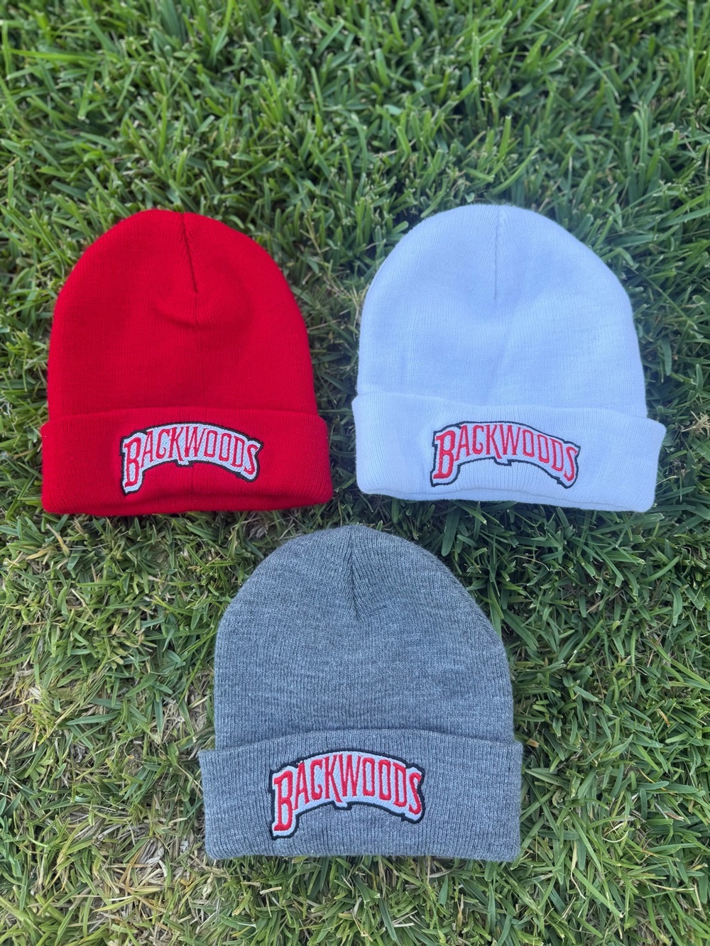 3 BackWoods Soft Knit Beanies Trio Bundle Red White And Grey
